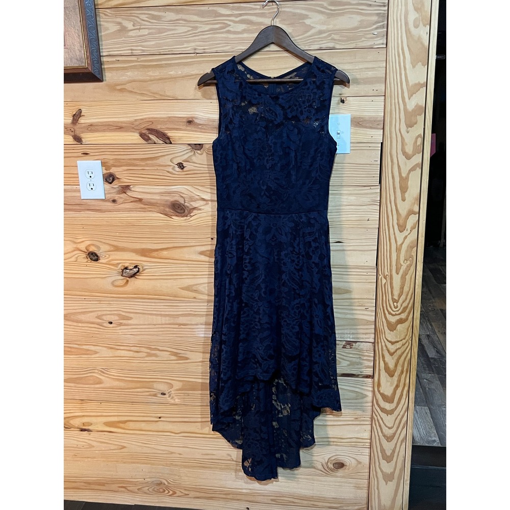 Muadress Navy Blue Lace High Low Dress Sleeveless Sheer Wedding Formal Sz Large - Picture 7 of 8